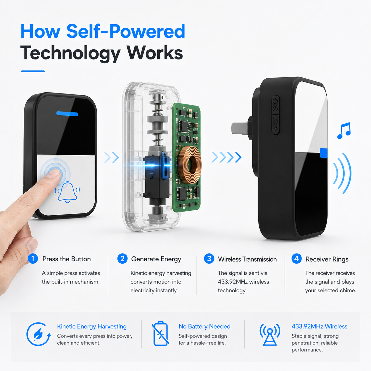 Wireless Self-Powered Doorbell (150m Range) - Image 2