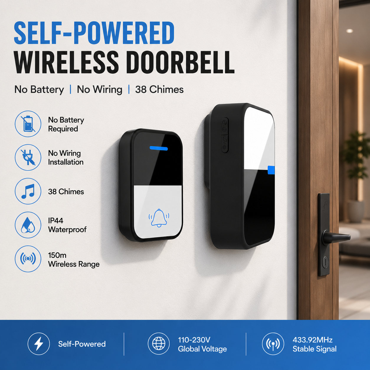 Wireless Self-Powered Doorbell (150m Range)